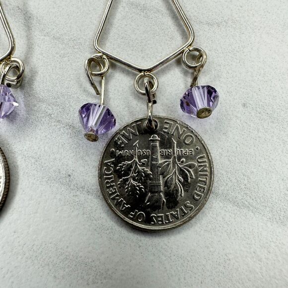 Purple Beaded US Dime Coin Dangle Earrings Pierced Pair - Picture 8 of 8